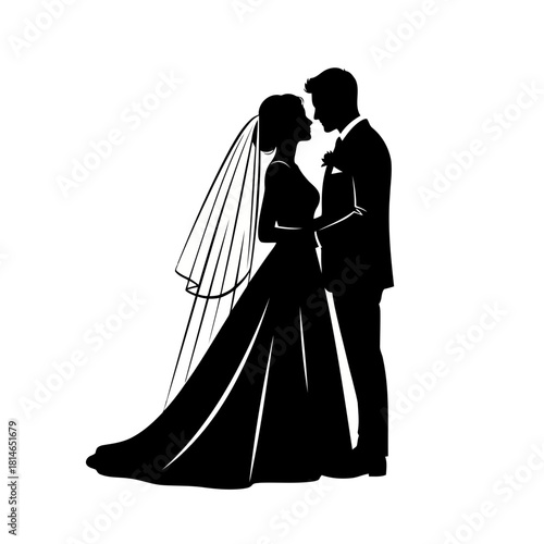 Silhouette of a bride and groom in wedding attire standing close together, symbolizing love and marriage