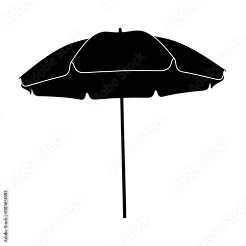 Black beach umbrella with white trim, open and standing on a pole, isolated on
