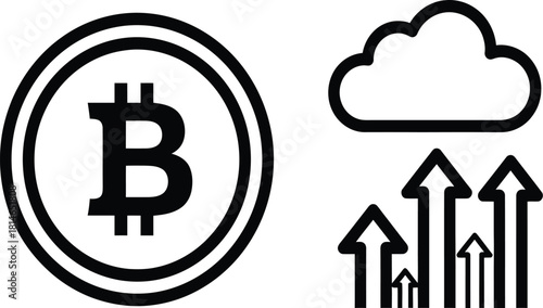 Bitcoin and cloud growth icons representing cryptocurrency rise, digital finance, blockchain technology, online investment, and market expansion
