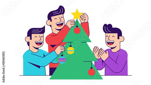Festive cheer: Three men joyfully decorating a vibrant Christmas tree with ornaments, a moment of heartwarming holiday preparation and togetherness.