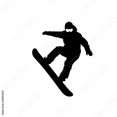 Silhouette of a person snowboarding in midair, isolated on