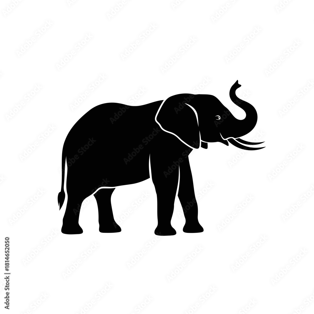 Obraz premium Black silhouette of an elephant standing with its trunk raised, isolated on