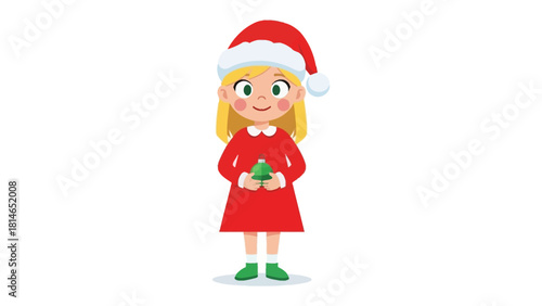 Christmas Delight: A charming young girl, adorned in a festive red dress and Santa hat, radiates joy as she tenderly holds a miniature Christmas tree, capturing the spirit of the holiday season.