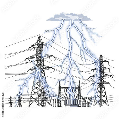 Electric power lines and substation with lightning strike illustration on