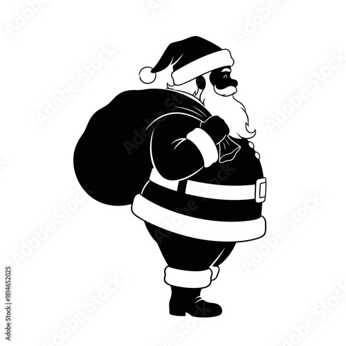 Cartoon santa claus with a sack of gifts, wearing a red hat and suit, standing with a cheerful expression