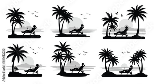 Relaxing beach scenes with palm trees and lounge chairs repeated pattern
