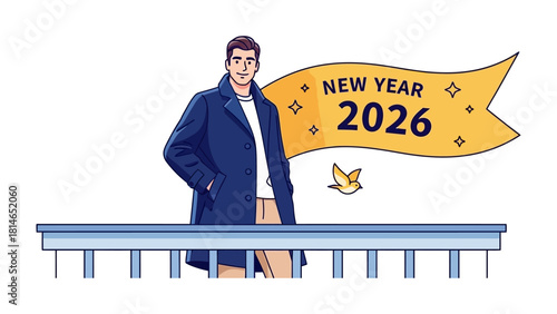 A Glimpse of the Future: An individual stands confidently on a balcony with a banner proclaiming New Year 2026, a symbol of hope and fresh beginnings.