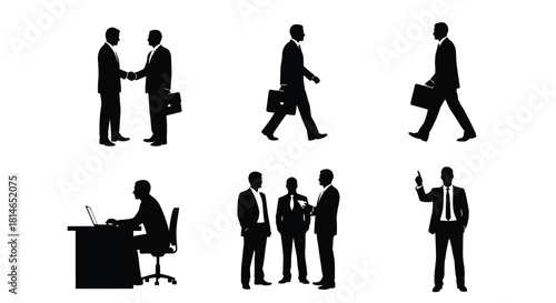 Silhouettes of business people in various professional scenarios and poses
