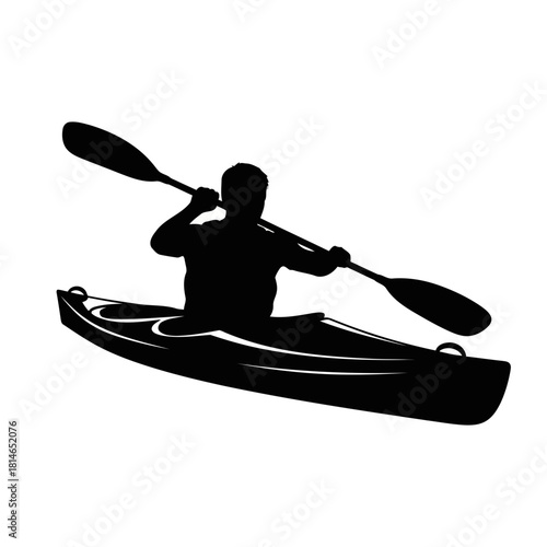 Silhouette of a person kayaking with a paddle in a kayak, black and white vector illustration