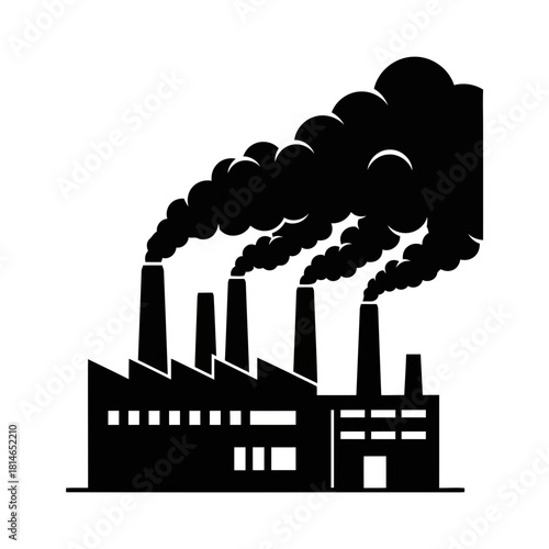 Black and white illustration of a factory with multiple chimneys emitting smoke, representing industrial pollution and environmental impact