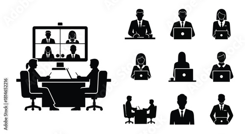 A depiction of a virtual business meeting with people and technology