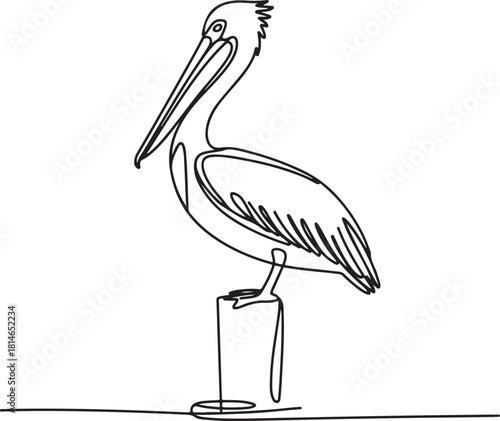 Continuous line art illustration of pelican standing on dock post with handmade contour