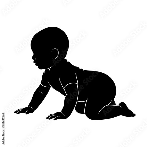 Black silhouette of a crawling baby with detailed outlines, representing early childhood development and movement
