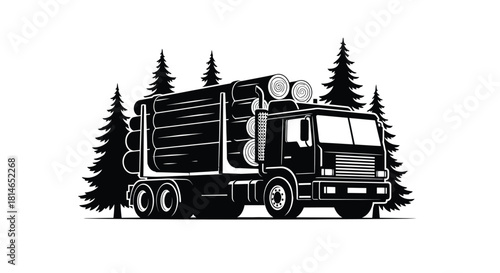 Vintage logging truck with stacked timber travels through a forested landscape