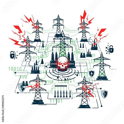 Cybersecurity concept illustration with power grid, hacker symbols, and digital security elements