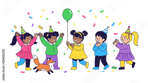 Joyful Children Celebration: A group of excited kids gather to celebrate a party, each radiating pure joy and excitement. With cheerful hats, colorful confetti, and playful balloon