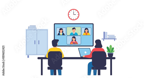 Remote team collaboration people in video conference with office setting
