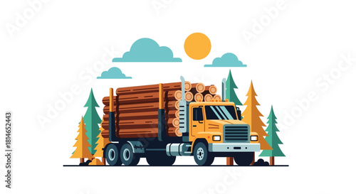 A yellow logging truck carries a large load of timber through a forest