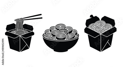 Noodle dishes in takeout containers and a bowl black and white design