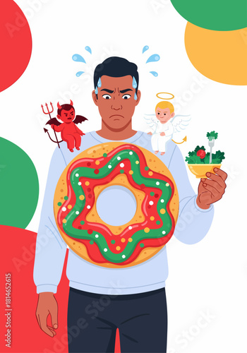 Anxious man with an angel and a devil on his shoulders struggles with the choice between a healthy salad and a tempting Christmas donut, representing a holiday diet dilemma