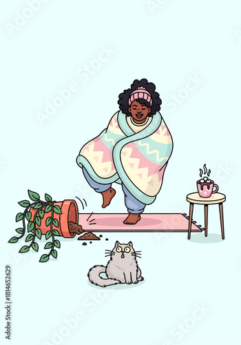 Cozy Cat and Plant Mishap Woman Wrapped in Blanket Finds Balance in Yoga Amidst a Spilled Potted Plant