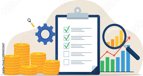 Financial planning and business analysis concept with checklist, coins, magnifying glass, bar chart, and gear symbolizing budgeting, strategy, and economic growth
