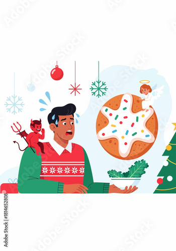 Anxious man with an angel and devil on his shoulders choosing between a healthy salad and a tempting Christmas cookie