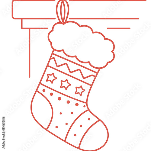 Cozy Christmas Stocking. Christmas stocking hanging from a fireplace mantel, decorated with simple patterns and a fluffy cuff. Rendered in line art, the stocking's. Vector illustration