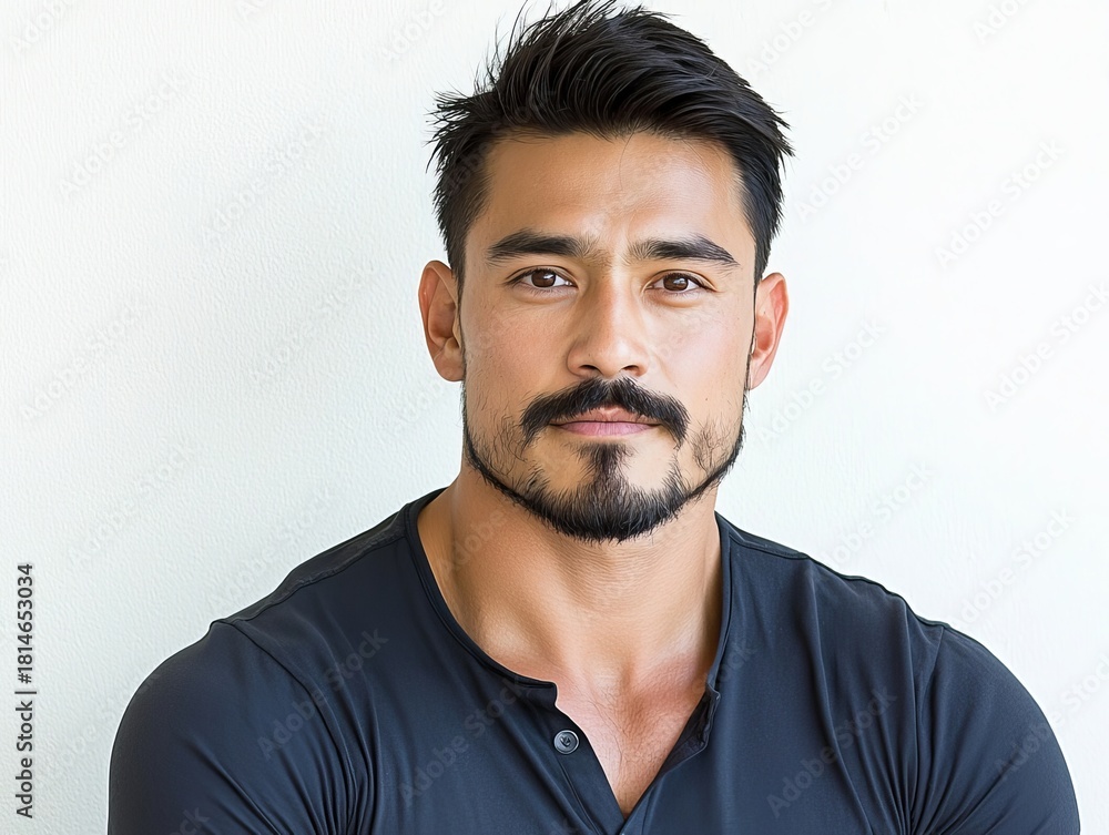 Fototapeta premium Confident portrait of a young Asian man with a beard, showcasing charisma and strength.