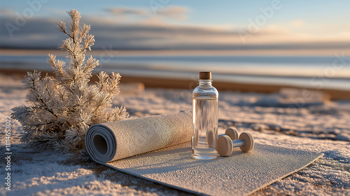 A yoga mat, a water bottle, and light dumbbells sit on the snowy ground next to a miniature christmas tree