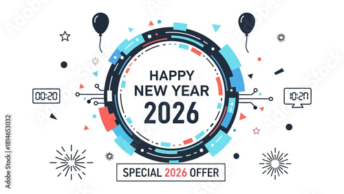 New Year 2026 Celebration: A vibrant digital illustration celebrating the arrival of the year 2026, with a focus on festive design and promotional elements.