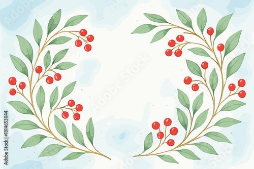 Winter Branch Elegance. Delicate branches with green leaves and red berries gracefully arch across the design, creating a balanced composition. The watercolor. Vector illustration