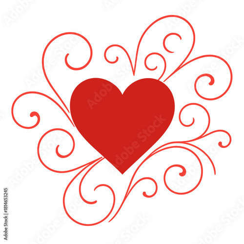 Elegant Heart Design. Large red heart with delicate, swirling lines extending from it, representing love and creativity. The intricate lines form a graceful pattern. Vector illustration