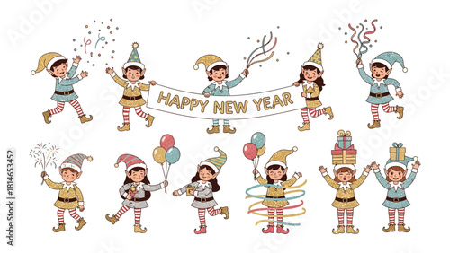 Holiday Elves Rejoice: Festive elves exuberantly celebrate the New Year with joy, confetti, and streamers, embodying the spirit of holiday cheer and festive gatherings.