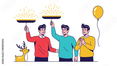 Festive juggling act with three men and decorations: Illustrating a dynamic and joyful scene, where three men engage in a playful juggling performance with plates.