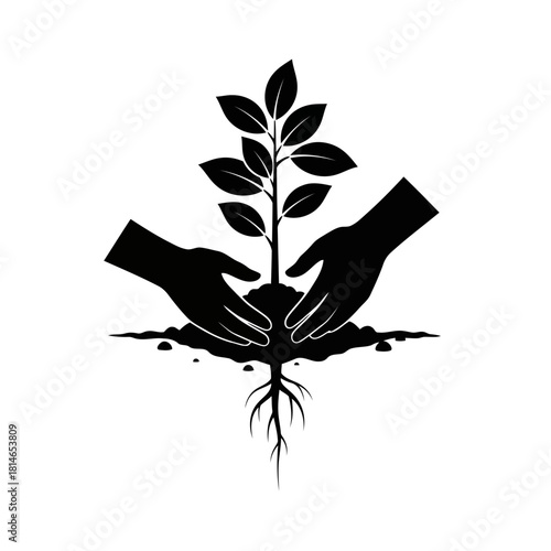 Two hands holding a growing plant symbolizing nurturing and growth isolated on