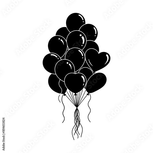 Black balloons tied together with strings, illustration of a bunch of black balloons