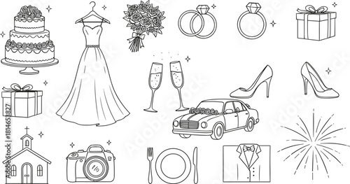 Wedding icon set illustration—cake, dress, rings, gifts, car, church, and celebration elements in line art