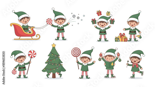 Festive Elf Collection: a compilation of whimsical elves, engaged in various seasonal activities. Illustrated in a joyful, cartoonish style, capturing the spirit of celebration.