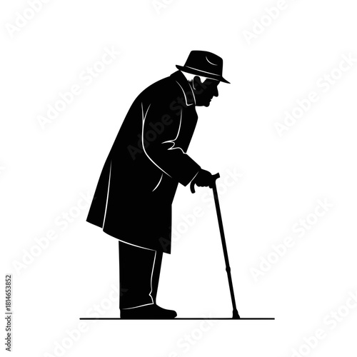 Elderly man with cane walking, silhouette, black and white, vintage style, old age, walking stick, hat, coat, side view, senior citizen