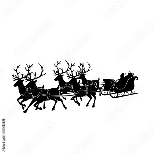 Silhouette of santa claus in a sleigh pulled by reindeer isolated on