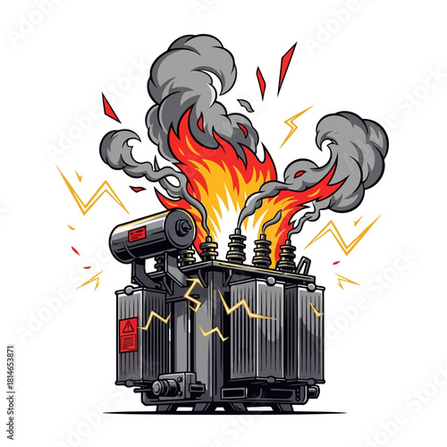 A cartoon illustration of an electrical transformer with flames and smoke, surrounded by lightning bolts, representing power outage or electrical failure