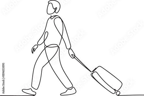 Continuous line art illustration of person walking and pulling suitcase with handmade contour