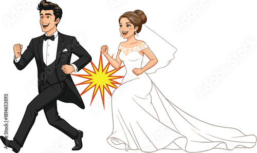 Funny wedding illustration—bride and groom running with comic-style explosion for playful romantic visuals