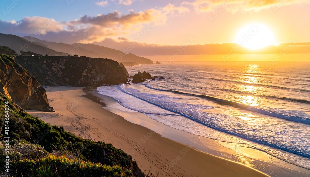 Obraz premium Coastal sunset over a sandy beach with cliffs, ocean waves, and warm golden light