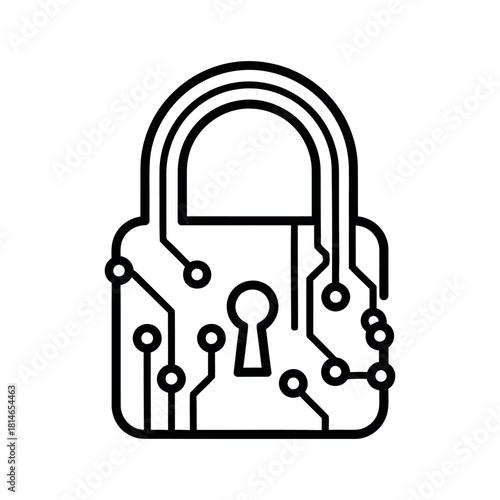A detailed black outline vector line icon of a padlock integrated with circuit board pathways and a keyhole symbolizing strong data integrity