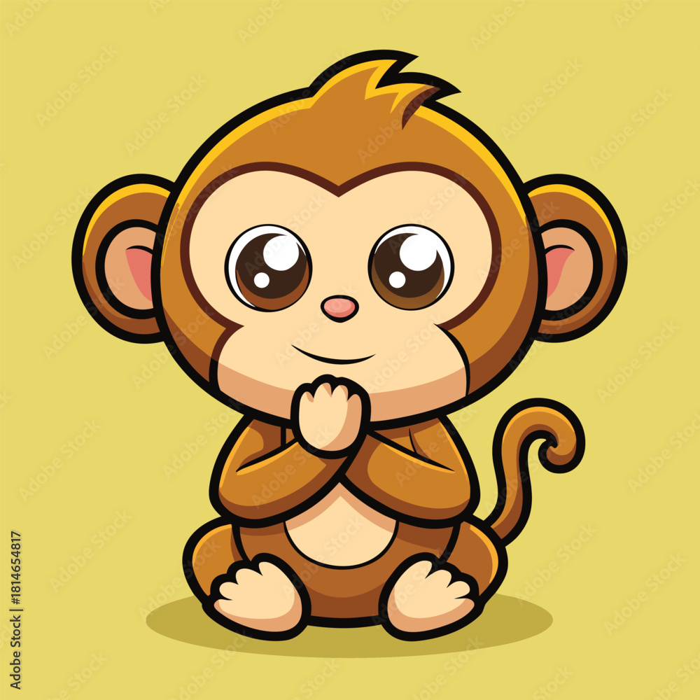 Obraz premium Adorable cartoon baby monkey with big eyes and praying hands