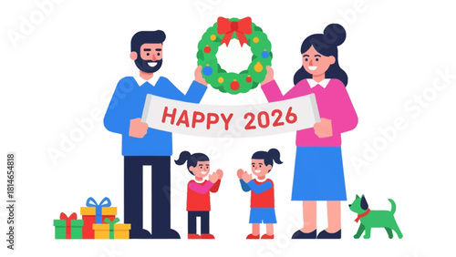 Family's Joyful 2026 Celebration: A cheerful family radiates holiday joy and warmth, holding a festive wreath and a banner with 'HAPPY 2026' in a heartwarming display of togetherness.
