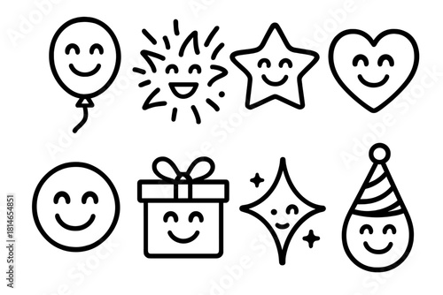 Celebration Icons Collection. Excited smiles linear icon set : balloon, confetti burst, star, heart, smiling face, gift box, sparkle, party hat