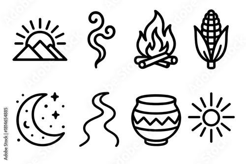 Winter Ritual Icons. Winter Ceremony linear icon set: sunrise, smoke swirl, sacred flame, corn ear, pottery bowl, moon, path, glow